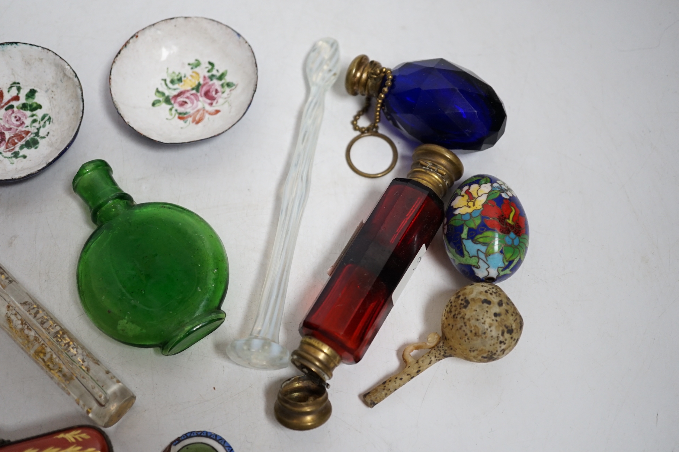 A collection of scent bottles, a miniature antiquity vessel and a miniature of a lady